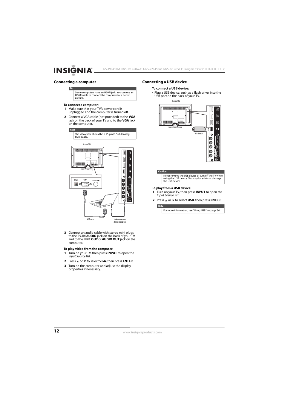 Connecting a computer, Connecting a usb device, Connecting a computer connecting a usb device | See “connecting a computer, Connecting a computer” o | Insignia NS-22E450A11 User Manual | Page 16 / 52