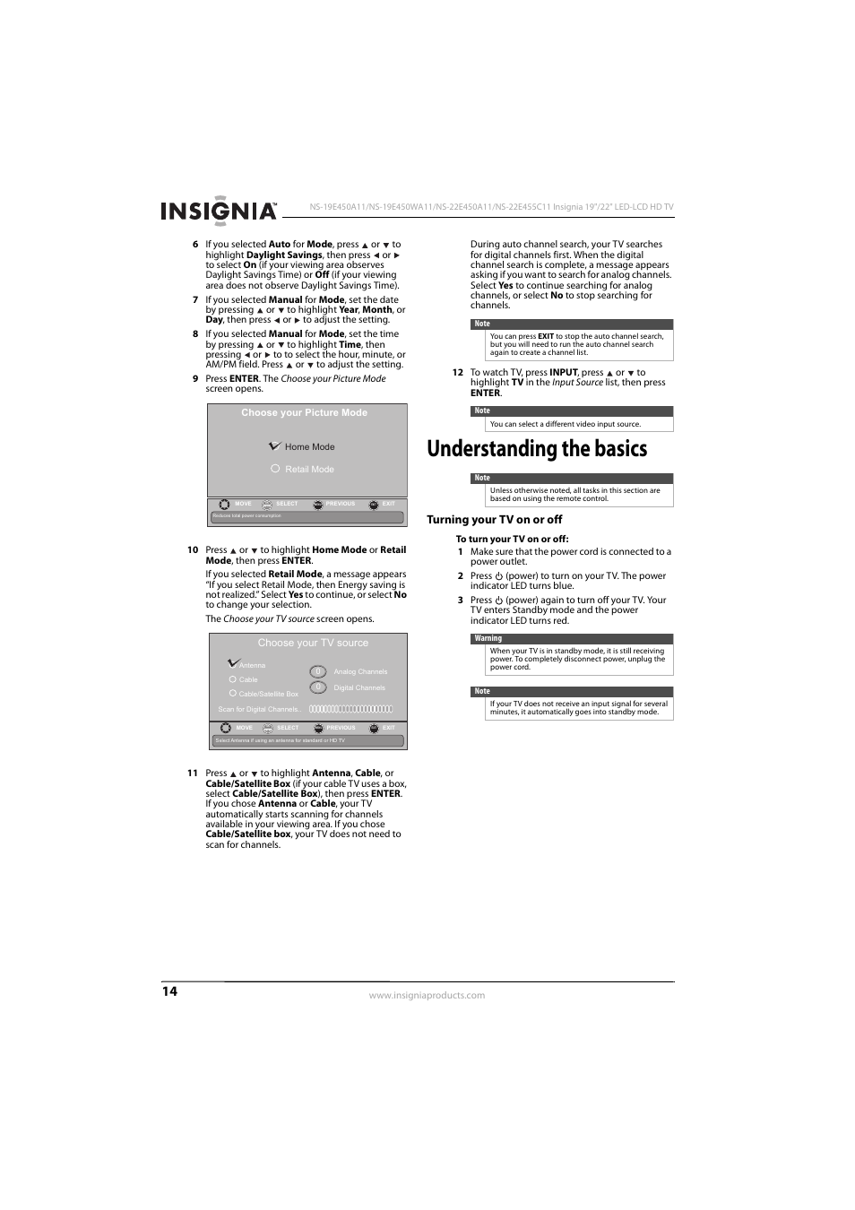 Understanding the basics, Turning your tv on or off | Insignia NS-22E450A11 User Manual | Page 18 / 52