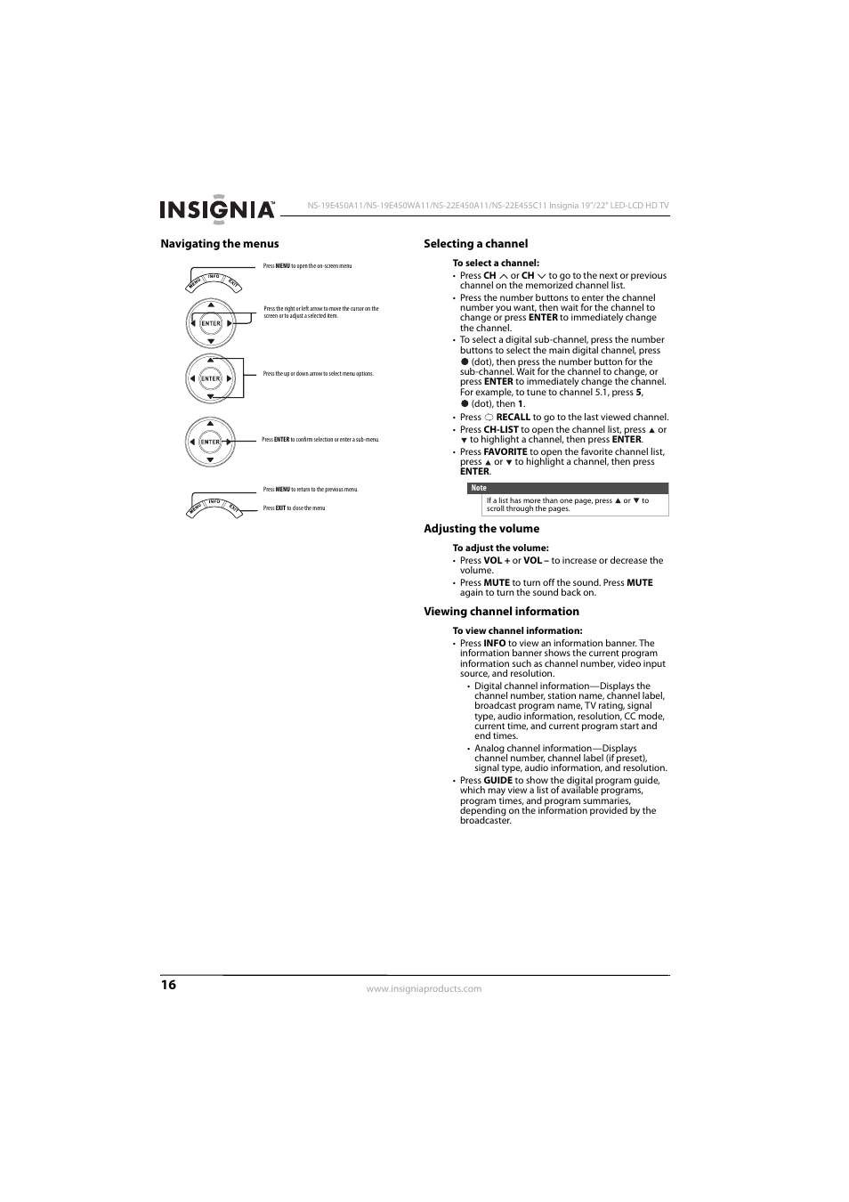 Navigating the menus, Selecting a channel, Adjusting the volume | Viewing channel information, Ee “selecting a channel” o, Navigating the menus” o, Ee “viewing channel information | Insignia NS-22E450A11 User Manual | Page 20 / 52