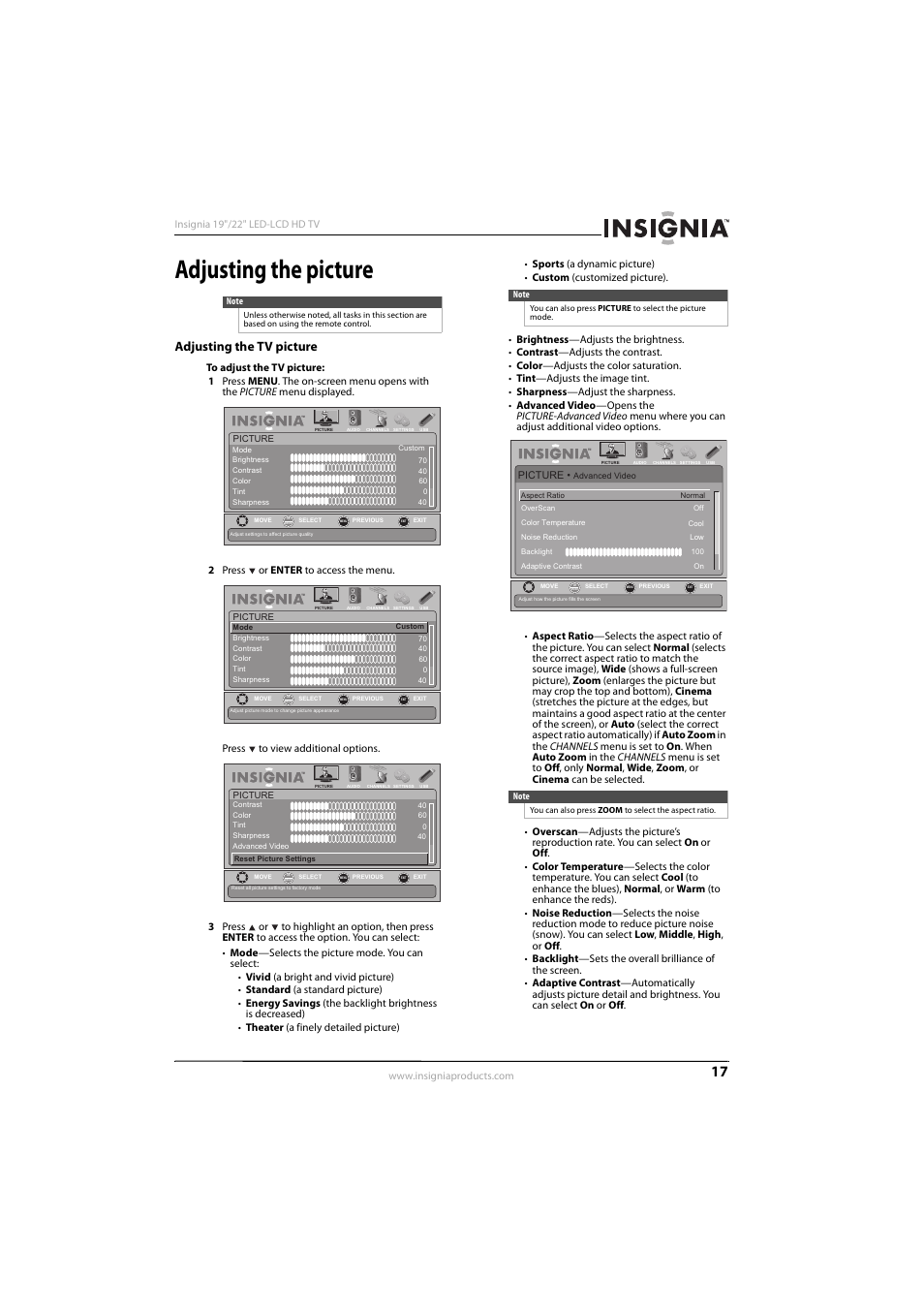 Adjusting the picture, Adjusting the tv picture, Ee “adjusting the tv picture” o | Adjusting the tv picture” o | Insignia NS-22E450A11 User Manual | Page 21 / 52