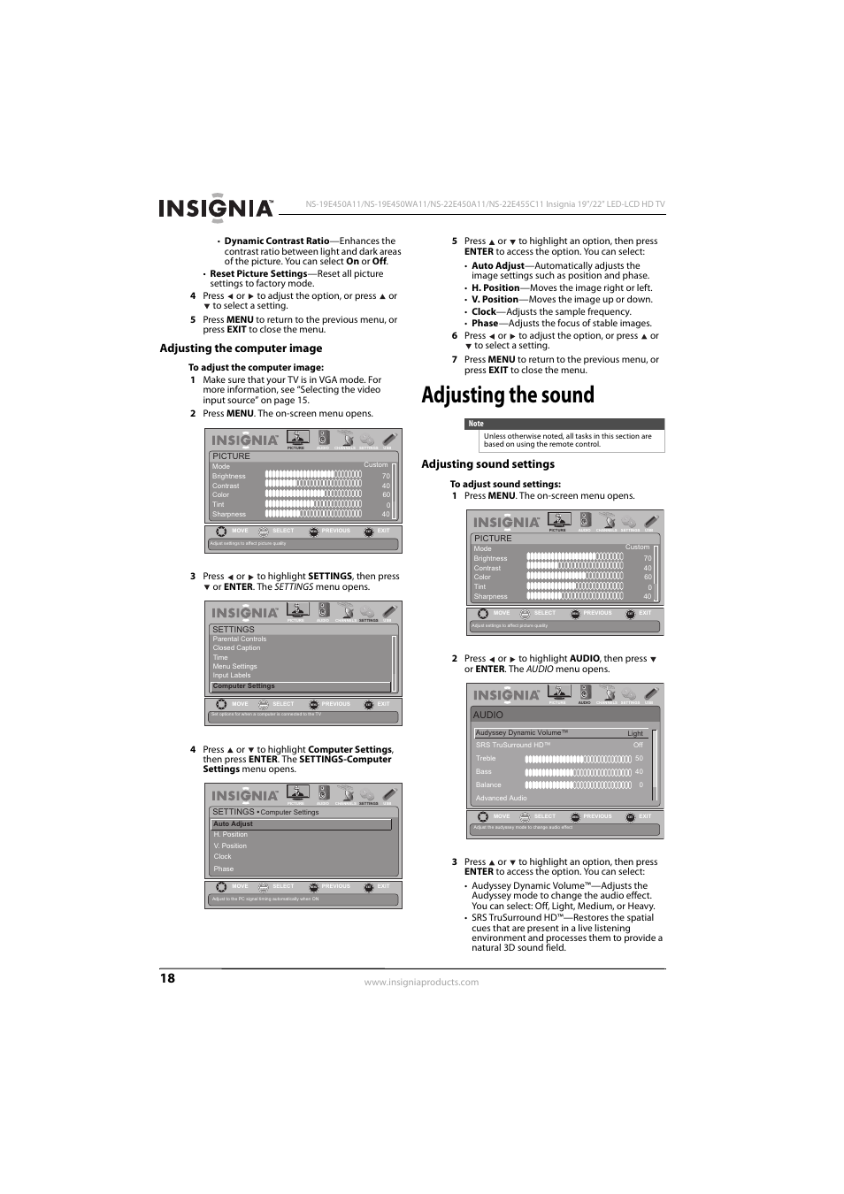 Adjusting the computer image, Adjusting the sound, Adjusting sound settings | Insignia NS-22E450A11 User Manual | Page 22 / 52