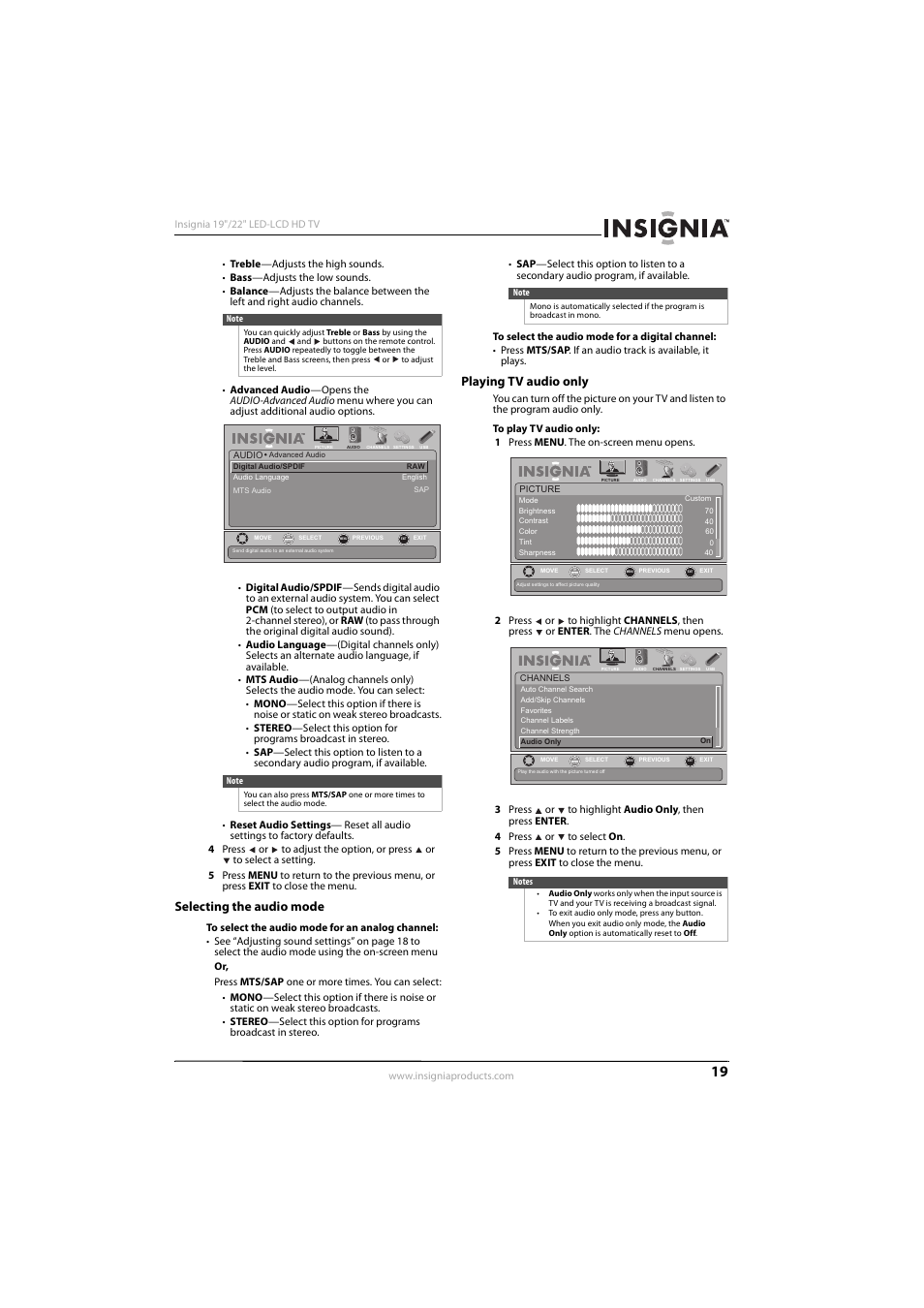 Selecting the audio mode, Playing tv audio only, Selecting the audio mode playing tv audio only | Insignia NS-22E450A11 User Manual | Page 23 / 52