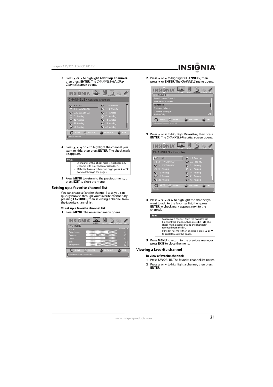 Setting up a favorite channel list, Viewing a favorite channel, Ee “viewing a favorite channel” o | Insignia NS-22E450A11 User Manual | Page 25 / 52