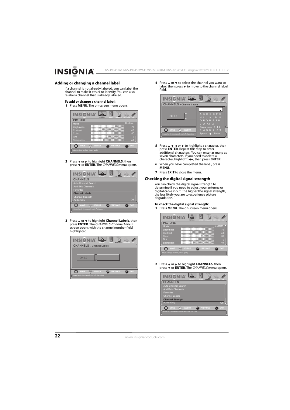 Adding or changing a channel label, Checking the digital signal strength | Insignia NS-22E450A11 User Manual | Page 26 / 52