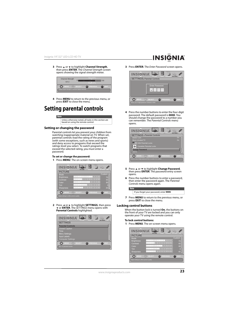 Setting parental controls, Setting or changing the password, Locking control buttons | Insignia NS-22E450A11 User Manual | Page 27 / 52