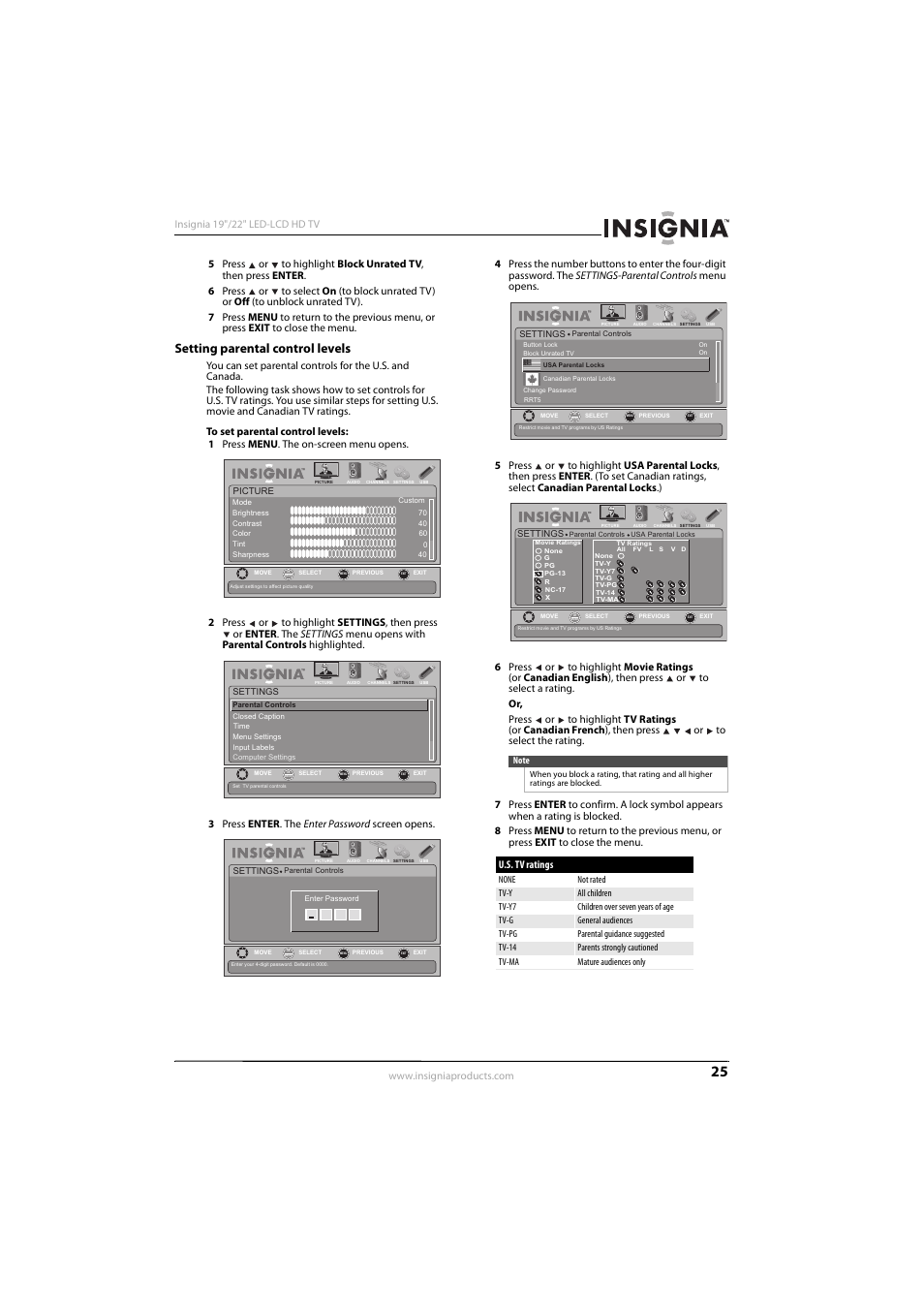 Setting parental control levels, U.s. tv ratings | Insignia NS-22E450A11 User Manual | Page 29 / 52