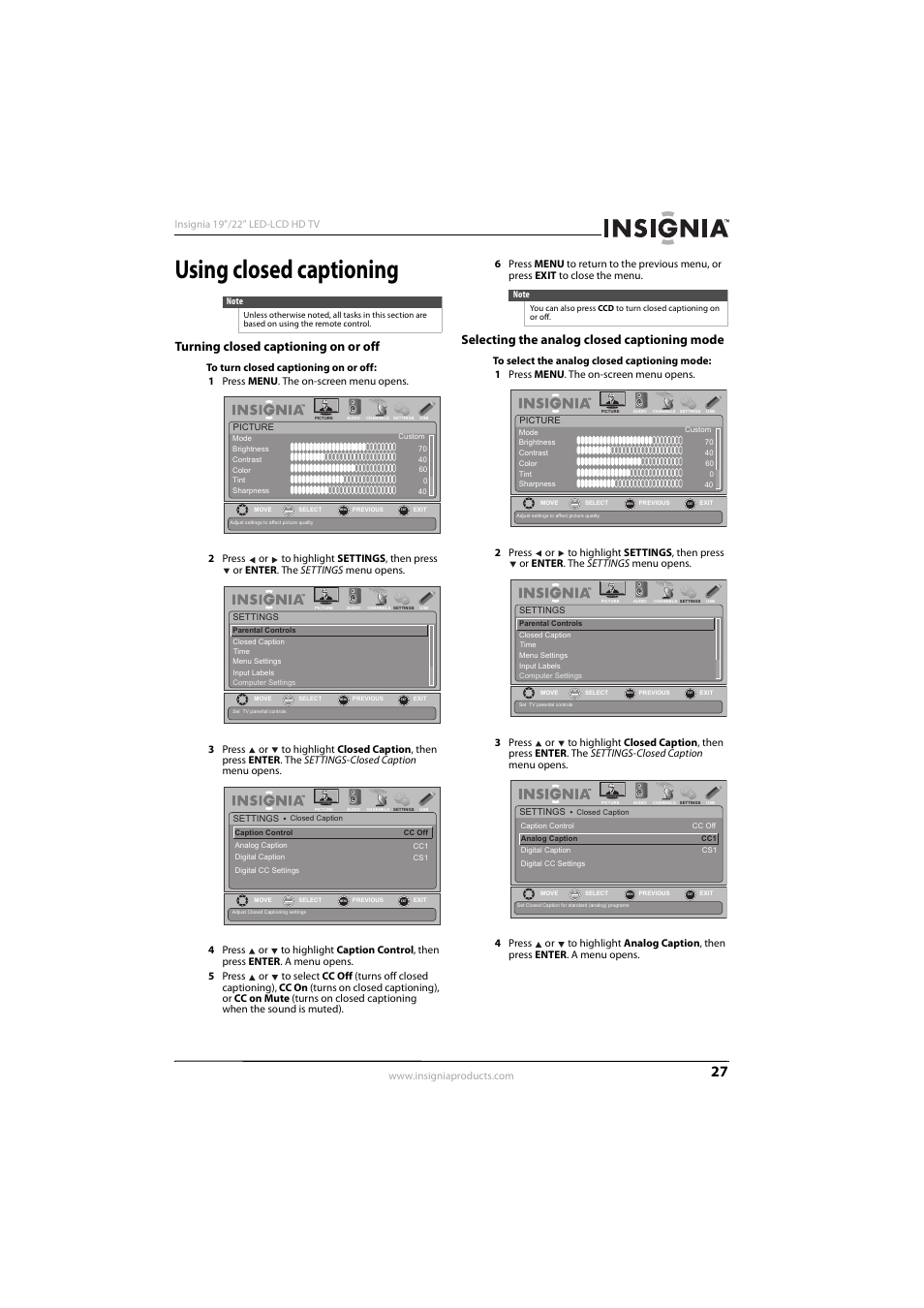 Using closed captioning, Turning closed captioning on or off, Selecting the analog closed captioning mode | Ee “turning closed captioning on or off | Insignia NS-22E450A11 User Manual | Page 31 / 52