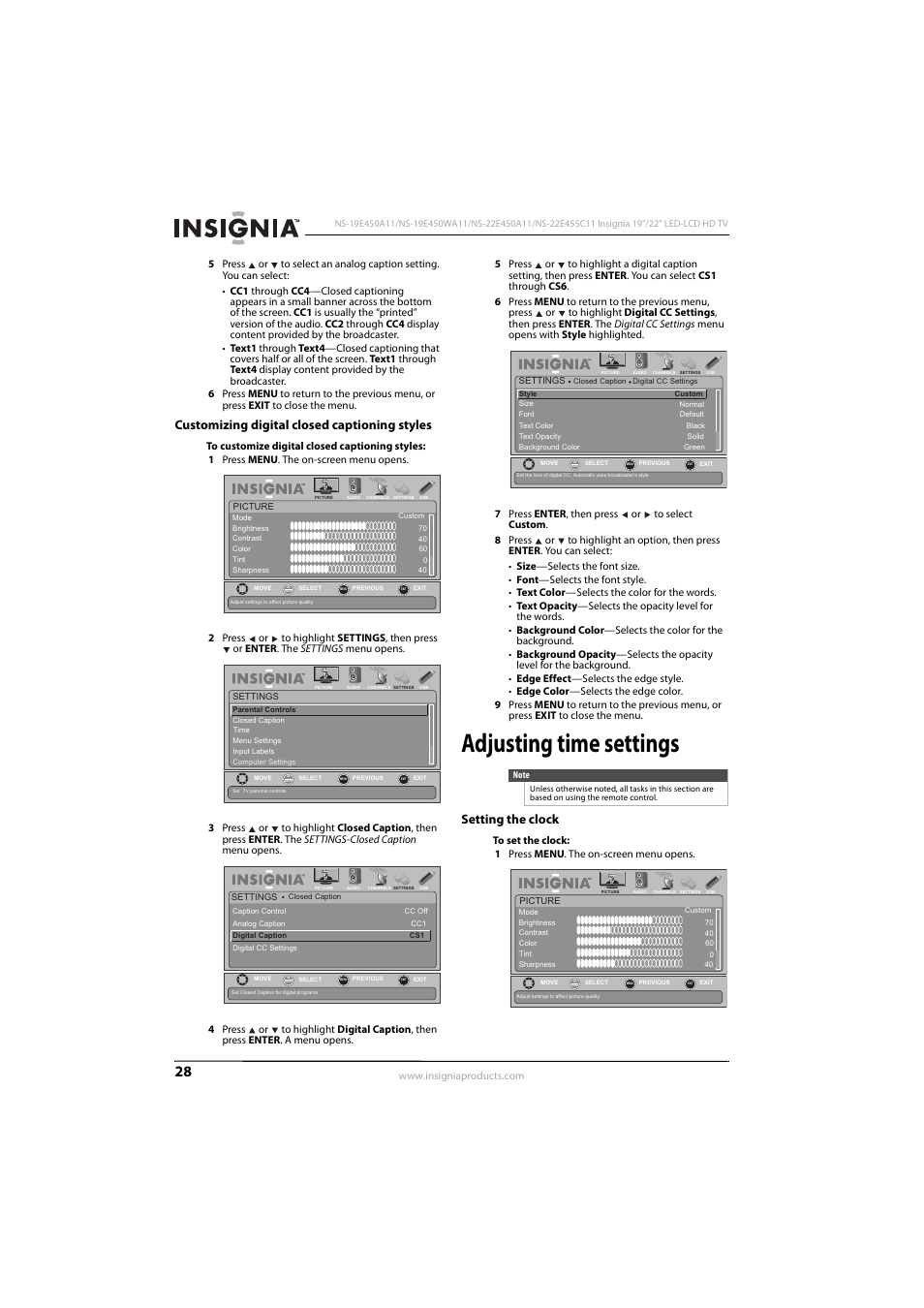 Customizing digital closed captioning styles, Adjusting time settings, Setting the clock | Insignia NS-22E450A11 User Manual | Page 32 / 52