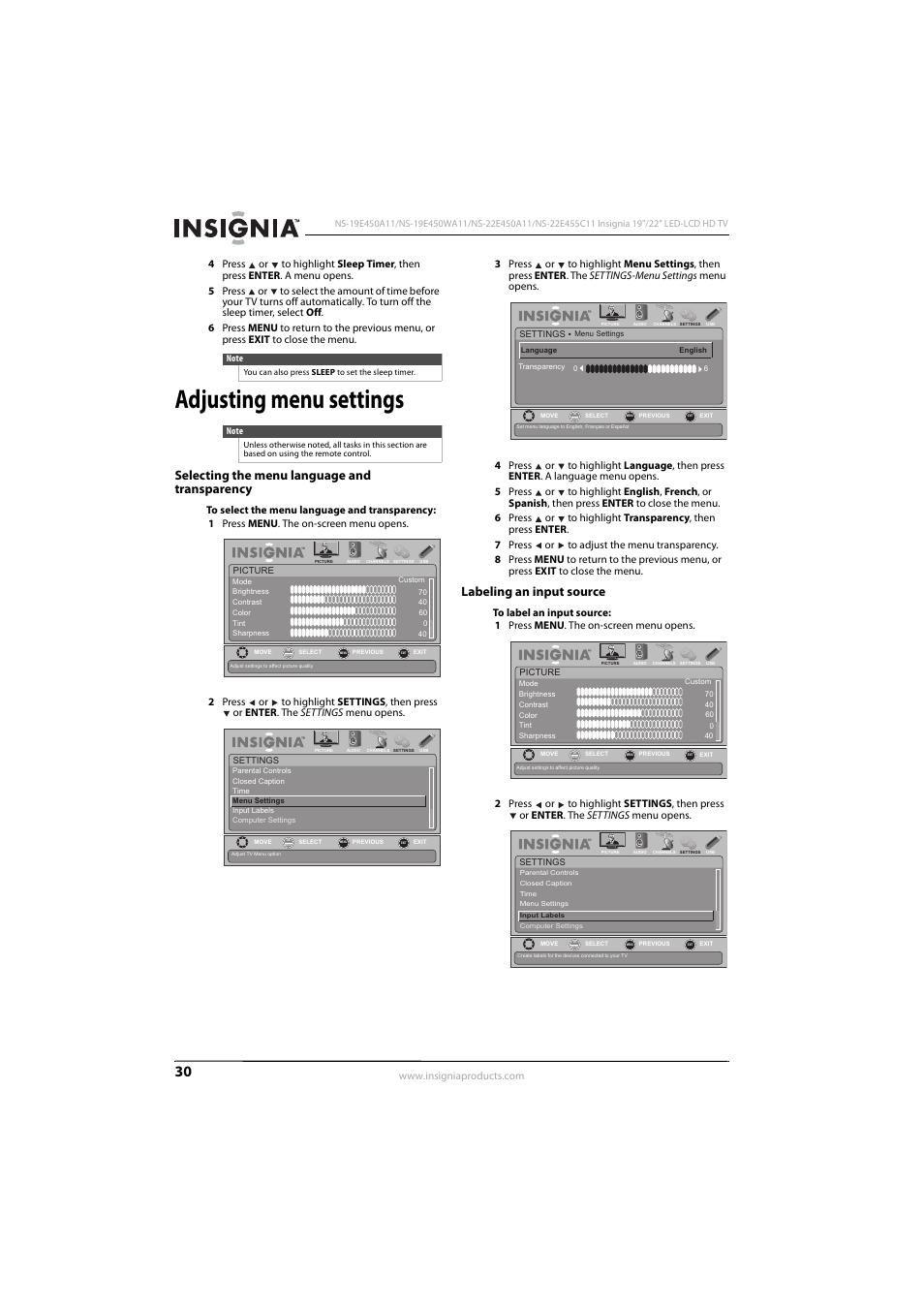 Adjusting menu settings, Selecting the menu language and transparency, Labeling an input source | Insignia NS-22E450A11 User Manual | Page 34 / 52