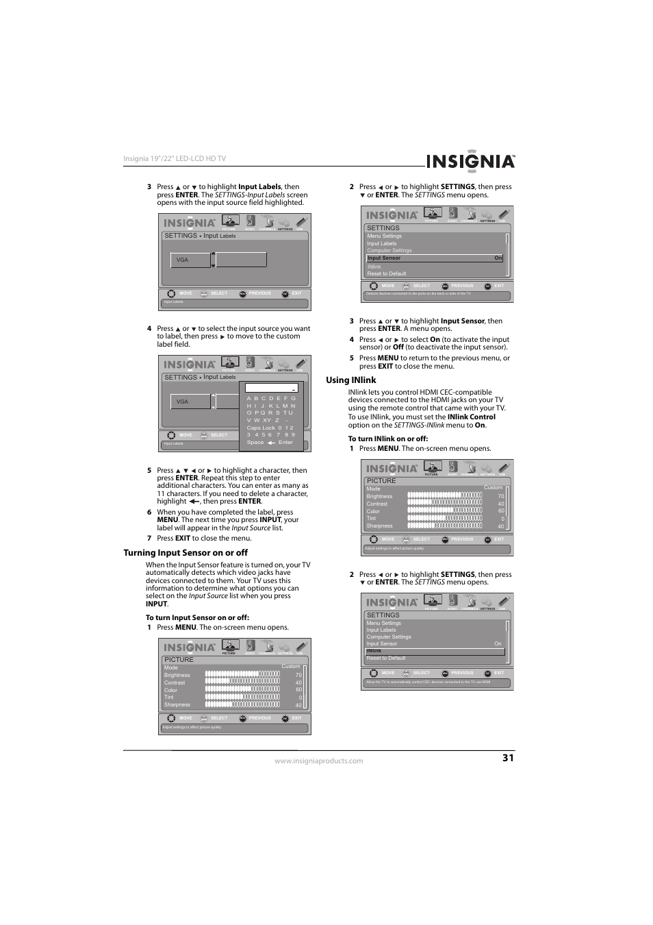 Turning input sensor on or off, Using inlink, Turning input sensor on or off using inlink | Insignia NS-22E450A11 User Manual | Page 35 / 52
