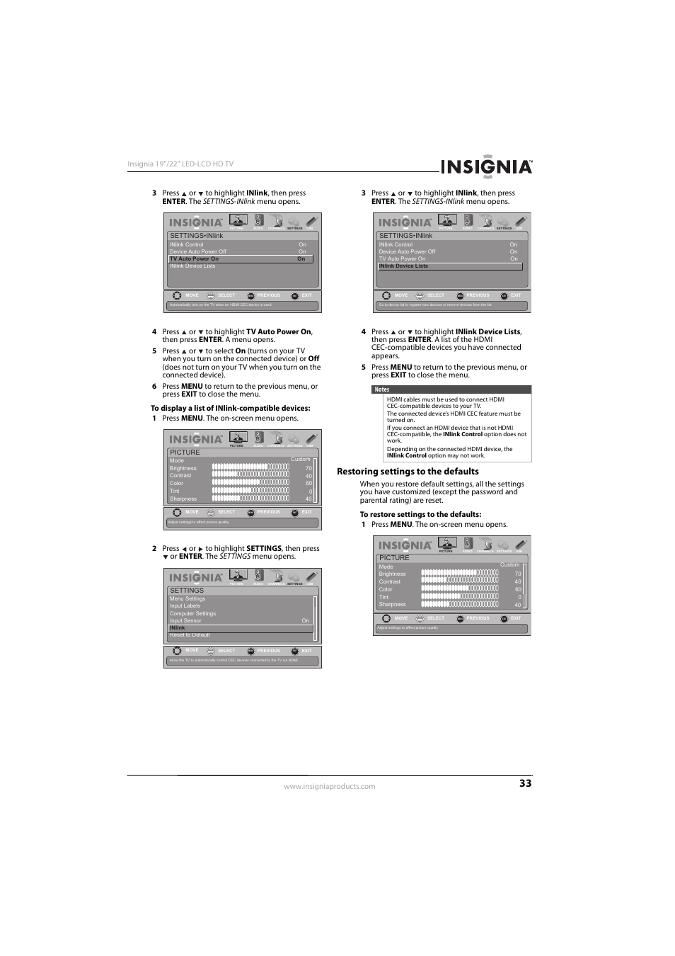 Restoring settings to the defaults | Insignia NS-22E450A11 User Manual | Page 37 / 52