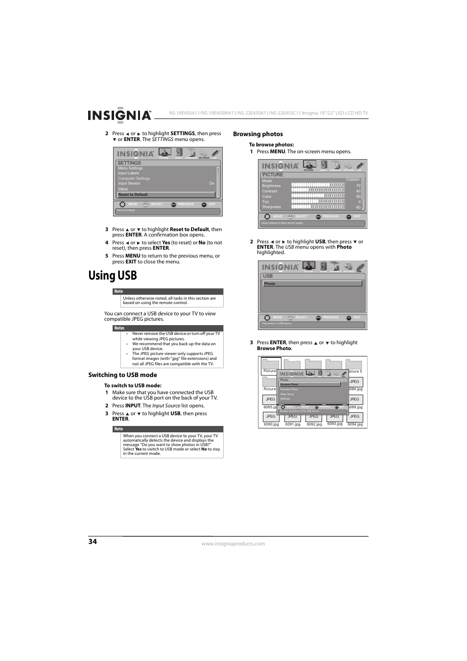 Using usb, Switching to usb mode, Browsing photos | Switching to usb mode browsing photos | Insignia NS-22E450A11 User Manual | Page 38 / 52