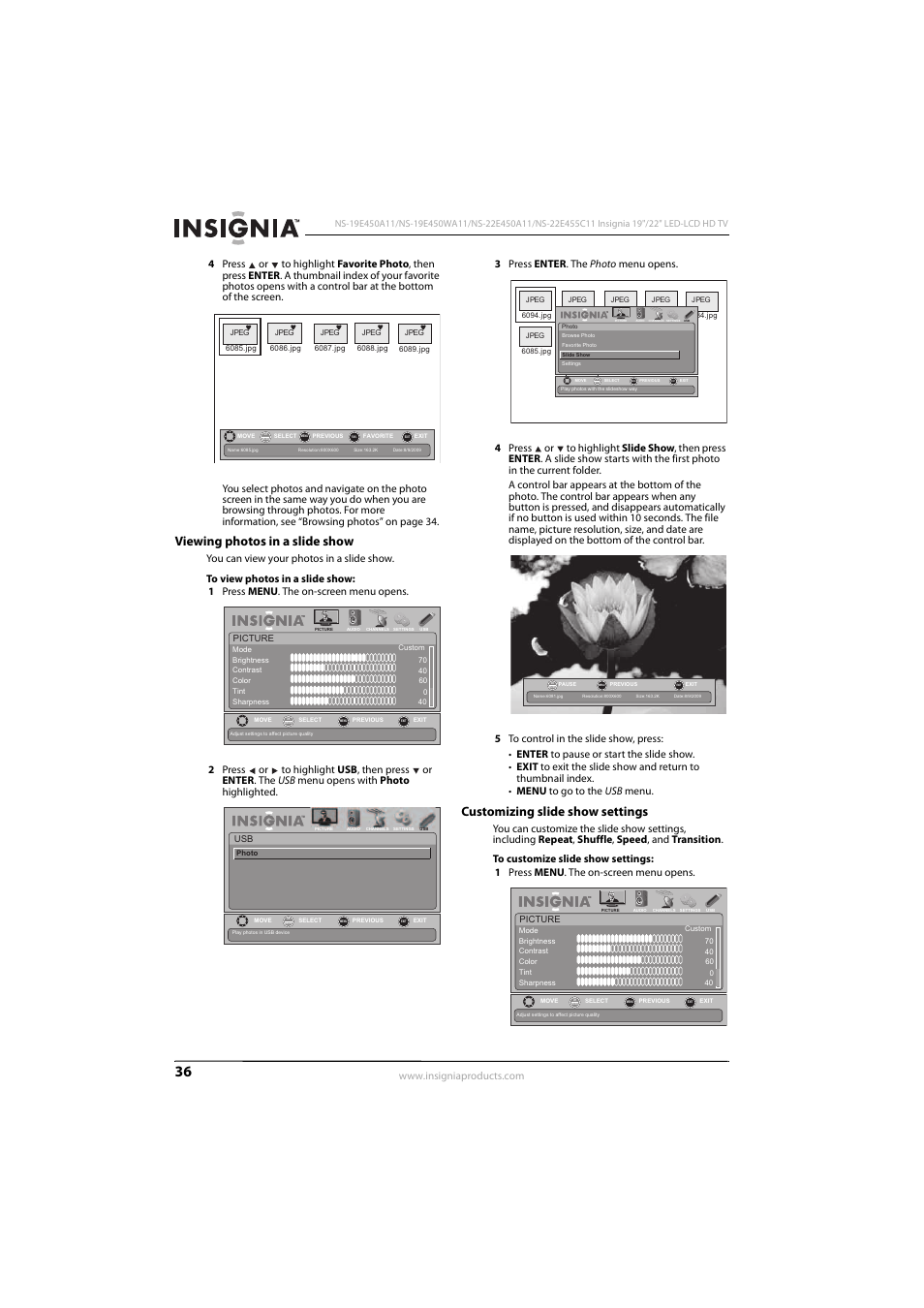 Viewing photos in a slide show, Customizing slide show settings | Insignia NS-22E450A11 User Manual | Page 40 / 52