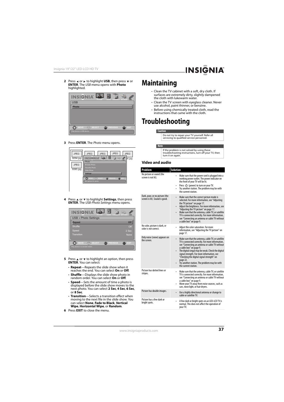 Maintaining, Troubleshooting, Video and audio | Insignia NS-22E450A11 User Manual | Page 41 / 52