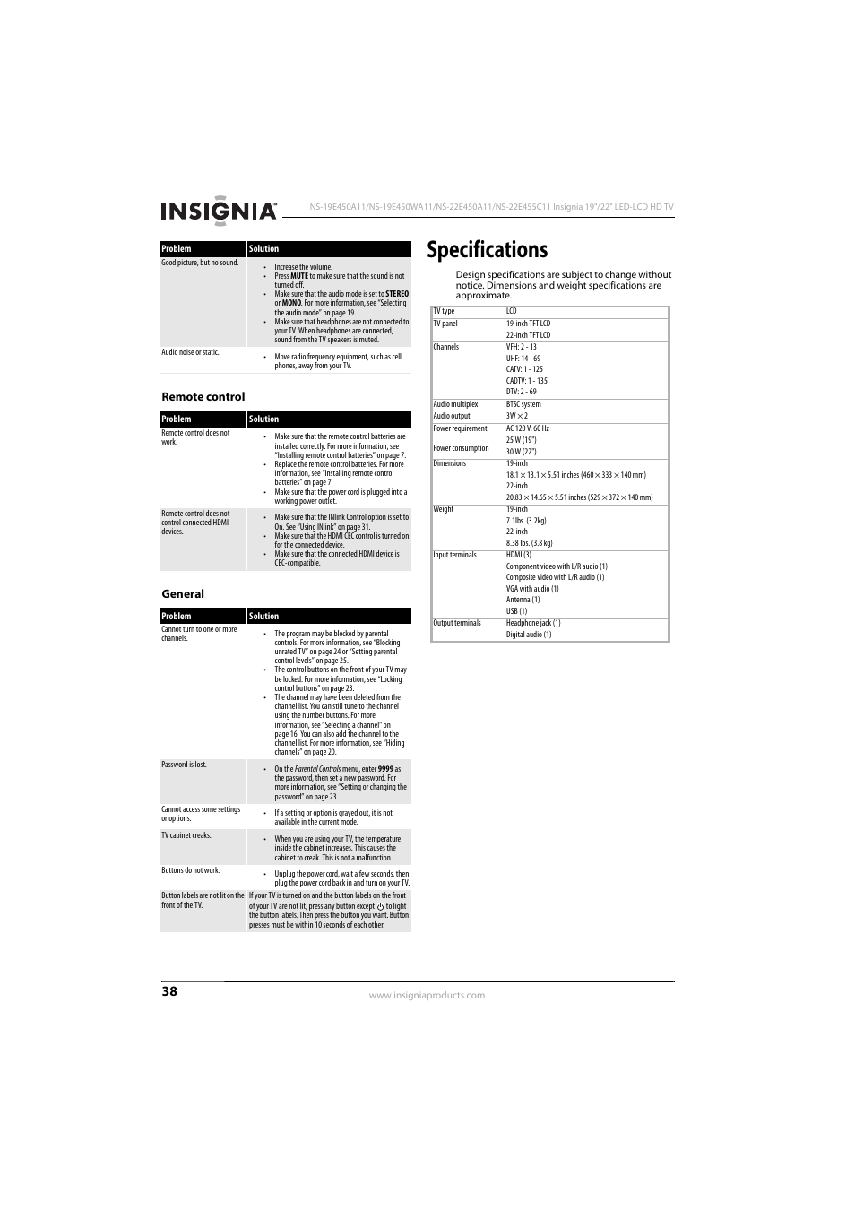 Remote control, General, Specifications | Remote control general | Insignia NS-22E450A11 User Manual | Page 42 / 52