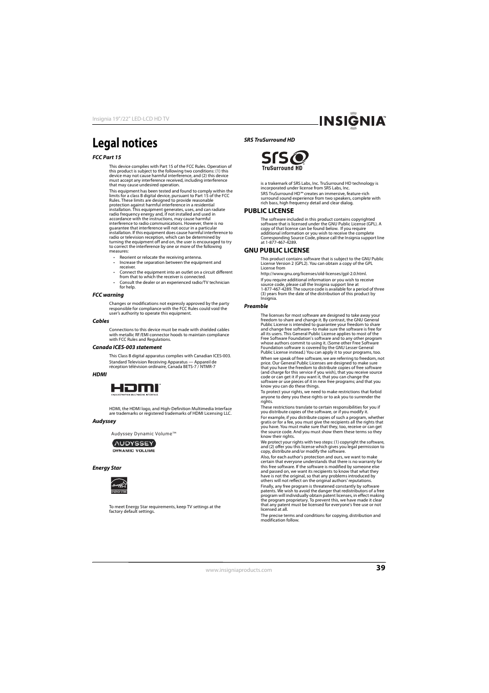 Legal notices | Insignia NS-22E450A11 User Manual | Page 43 / 52