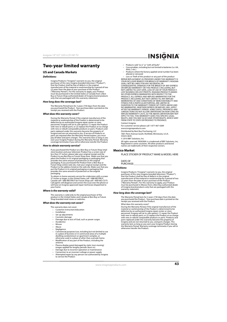 Two-year limited warranty, Us and canada markets, Mexico market | Us and canada markets mexico market | Insignia NS-22E450A11 User Manual | Page 47 / 52