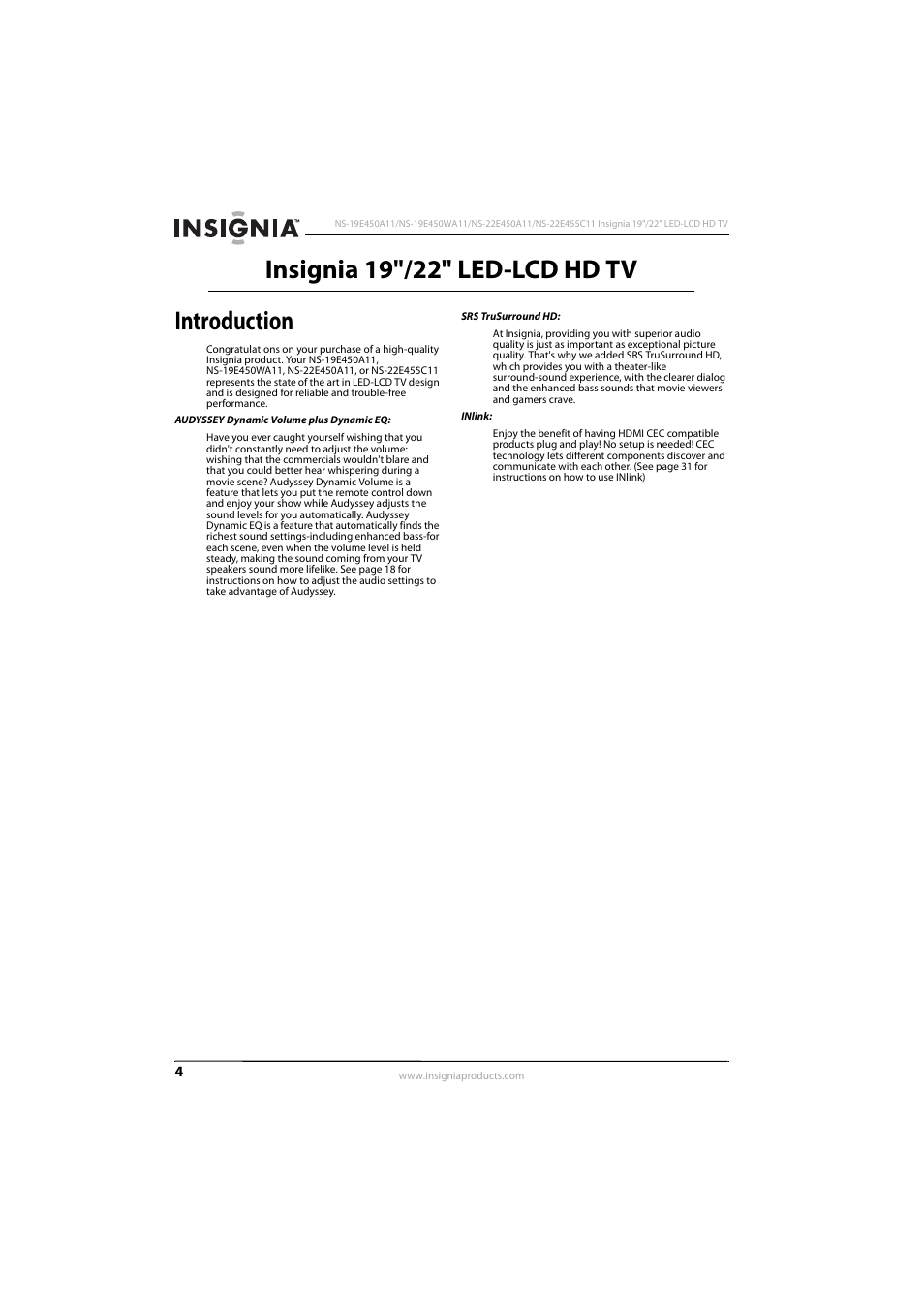 Introduction, Insignia 19"/22" led-lcd hd tv introduction | Insignia NS-22E450A11 User Manual | Page 8 / 52