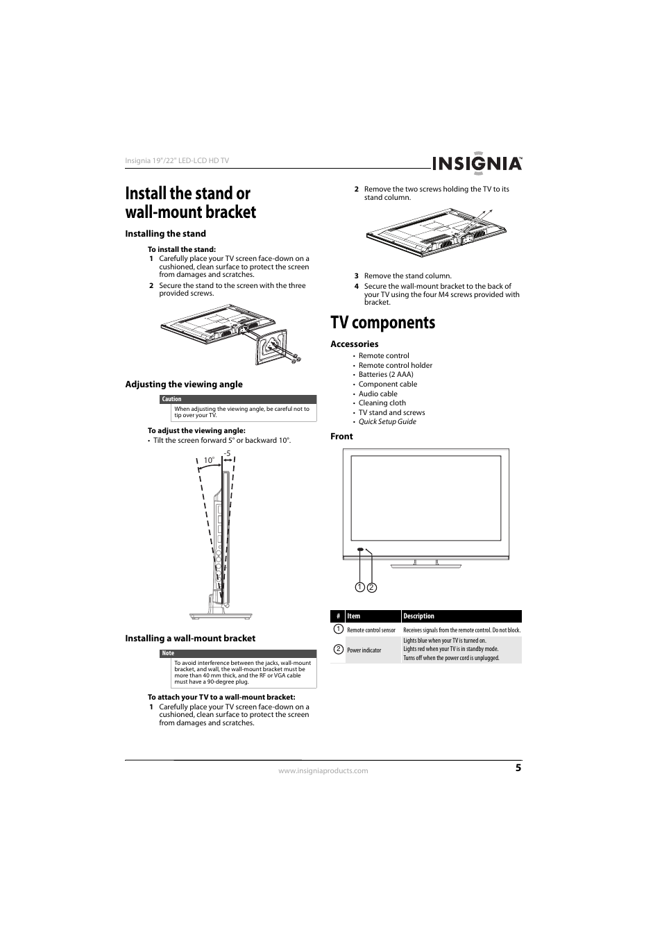 Install the stand or wall-mount bracket, Installing the stand, Adjusting the viewing angle | Installing a wall-mount bracket, Tv components, Accessories, Front, Accessories front | Insignia NS-22E450A11 User Manual | Page 9 / 52