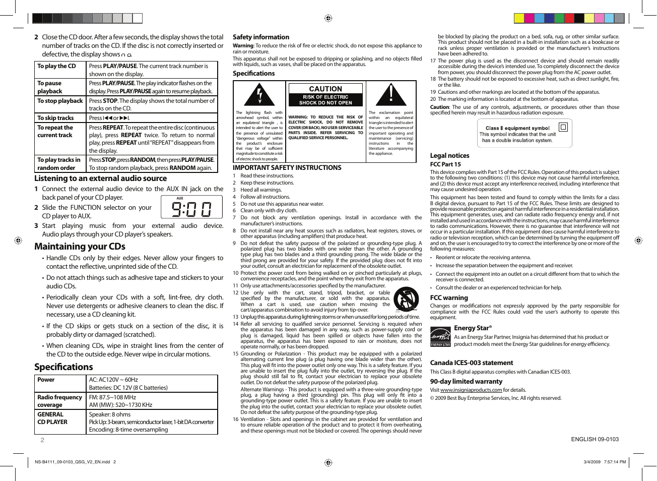 Maintaining your cds, Speciﬁ cations, Listening to an external audio source | Insignia NS-B4111 User Manual | Page 2 / 2