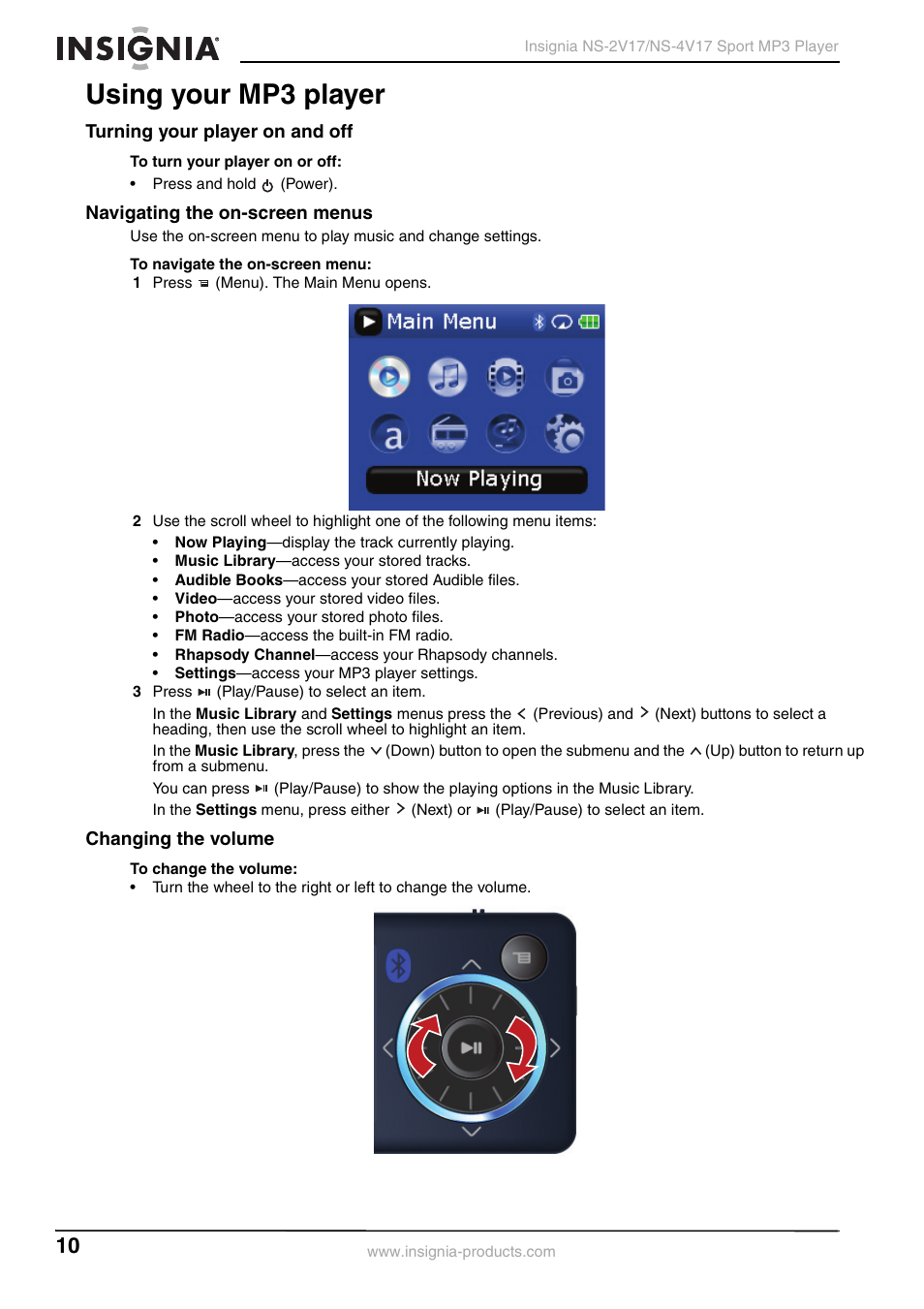 Using your mp3 player, Turning your player on and off, Navigating the on-screen menus | Changing the volume | Insignia NS-2V17/NS-4V17 User Manual | Page 10 / 68
