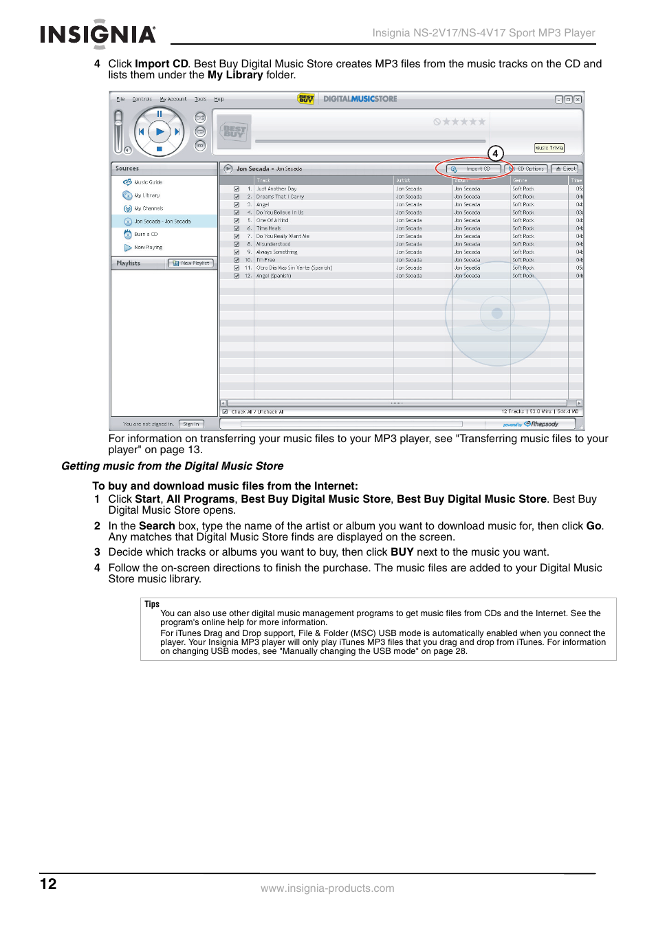 Getting music from the digital music store | Insignia NS-2V17/NS-4V17 User Manual | Page 12 / 68