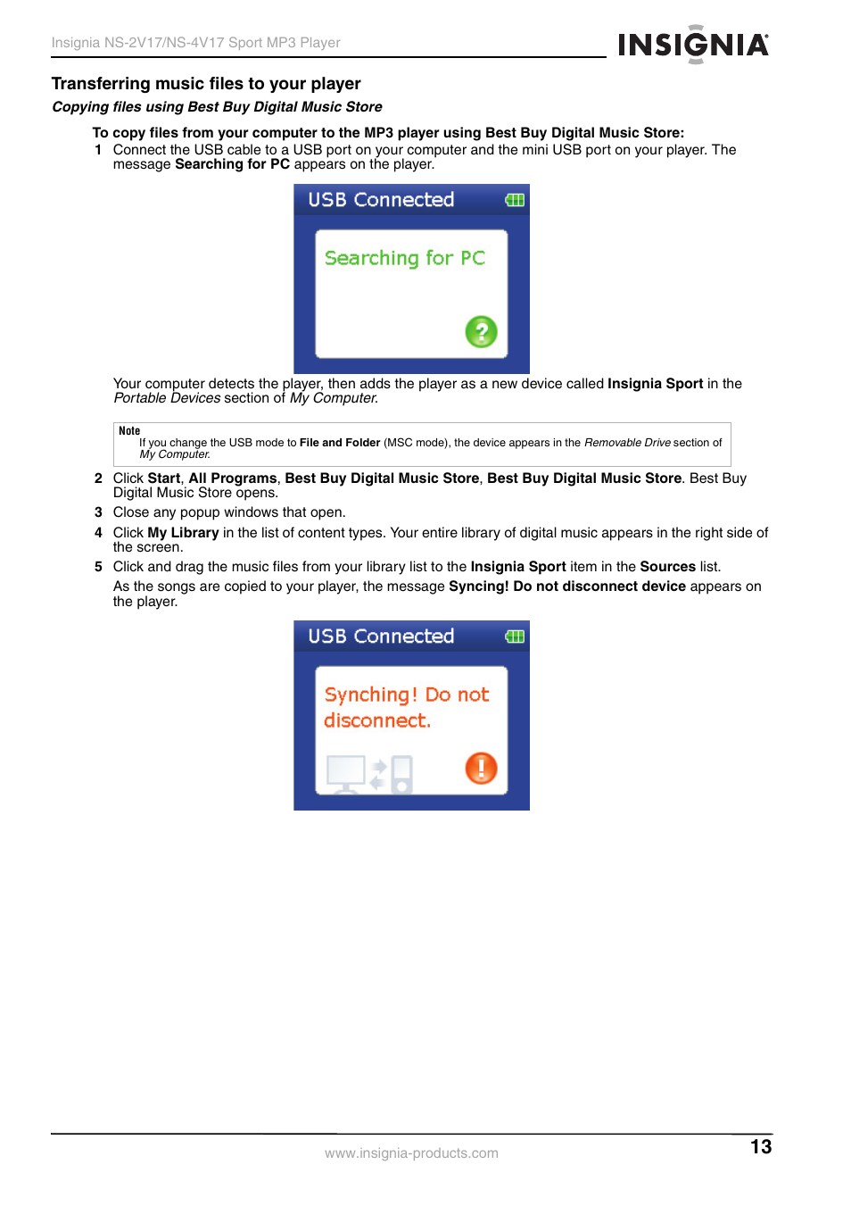 Transferring music files to your player, Copying files using best buy digital music store | Insignia NS-2V17/NS-4V17 User Manual | Page 13 / 68