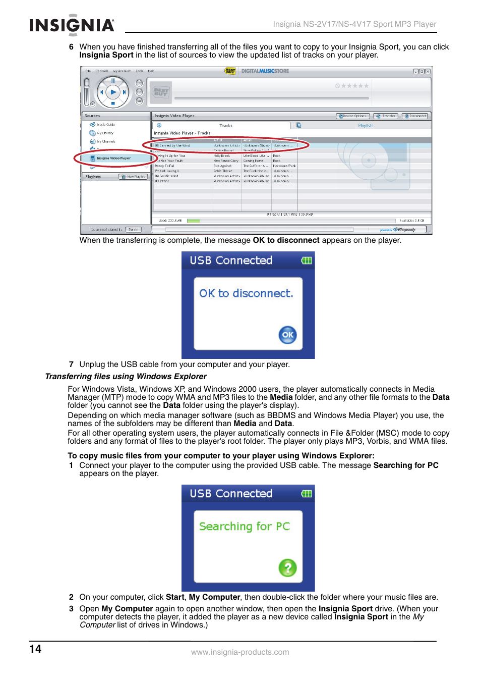 Transferring files using windows explorer | Insignia NS-2V17/NS-4V17 User Manual | Page 14 / 68