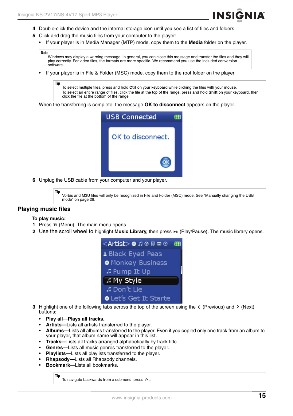 Playing music files | Insignia NS-2V17/NS-4V17 User Manual | Page 15 / 68