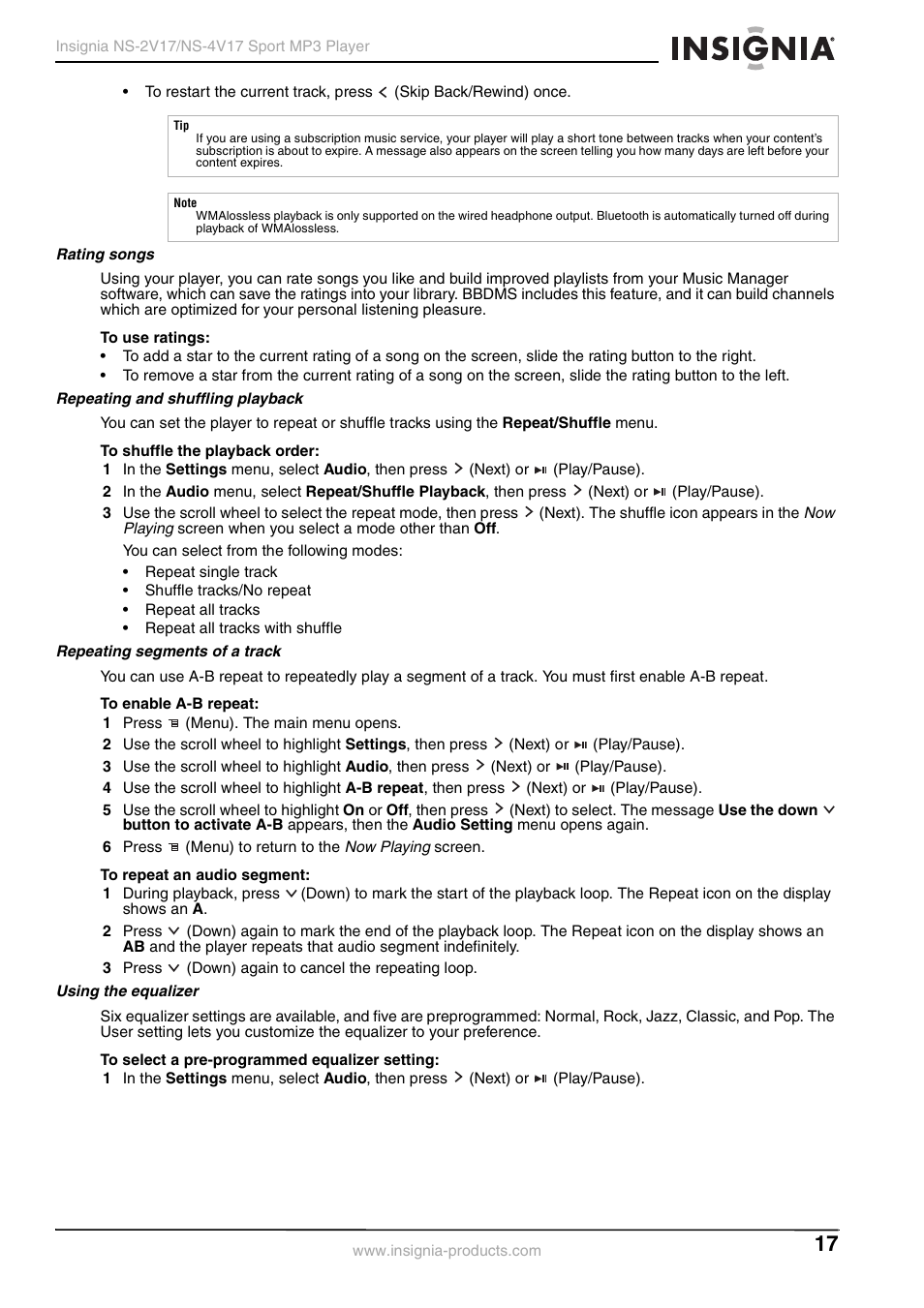 Rating songs, Repeating and shuffling playback, Repeating segments of a track | Using the equalizer | Insignia NS-2V17/NS-4V17 User Manual | Page 17 / 68