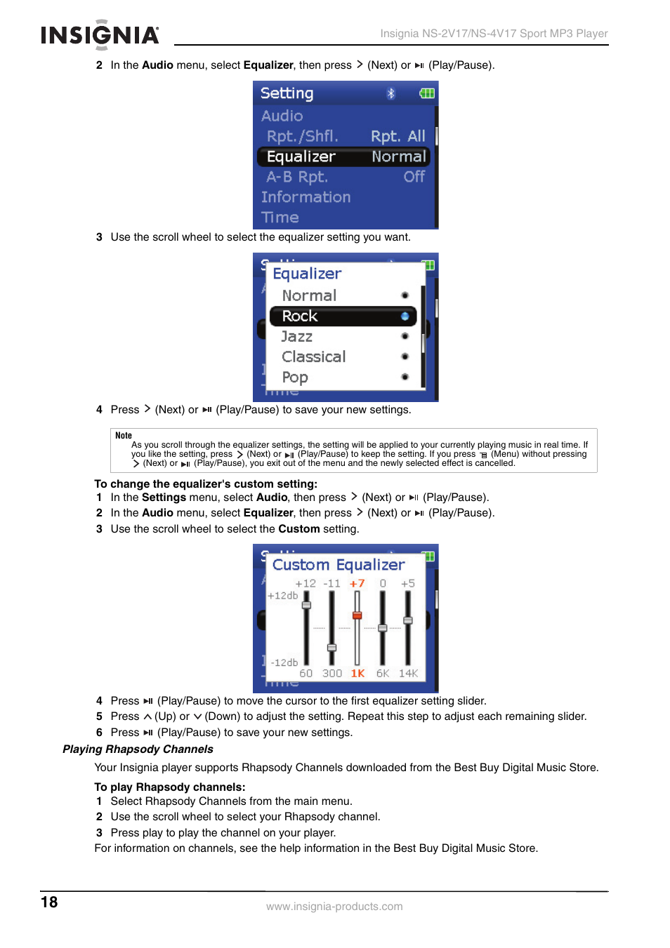 Playing rhapsody channels | Insignia NS-2V17/NS-4V17 User Manual | Page 18 / 68