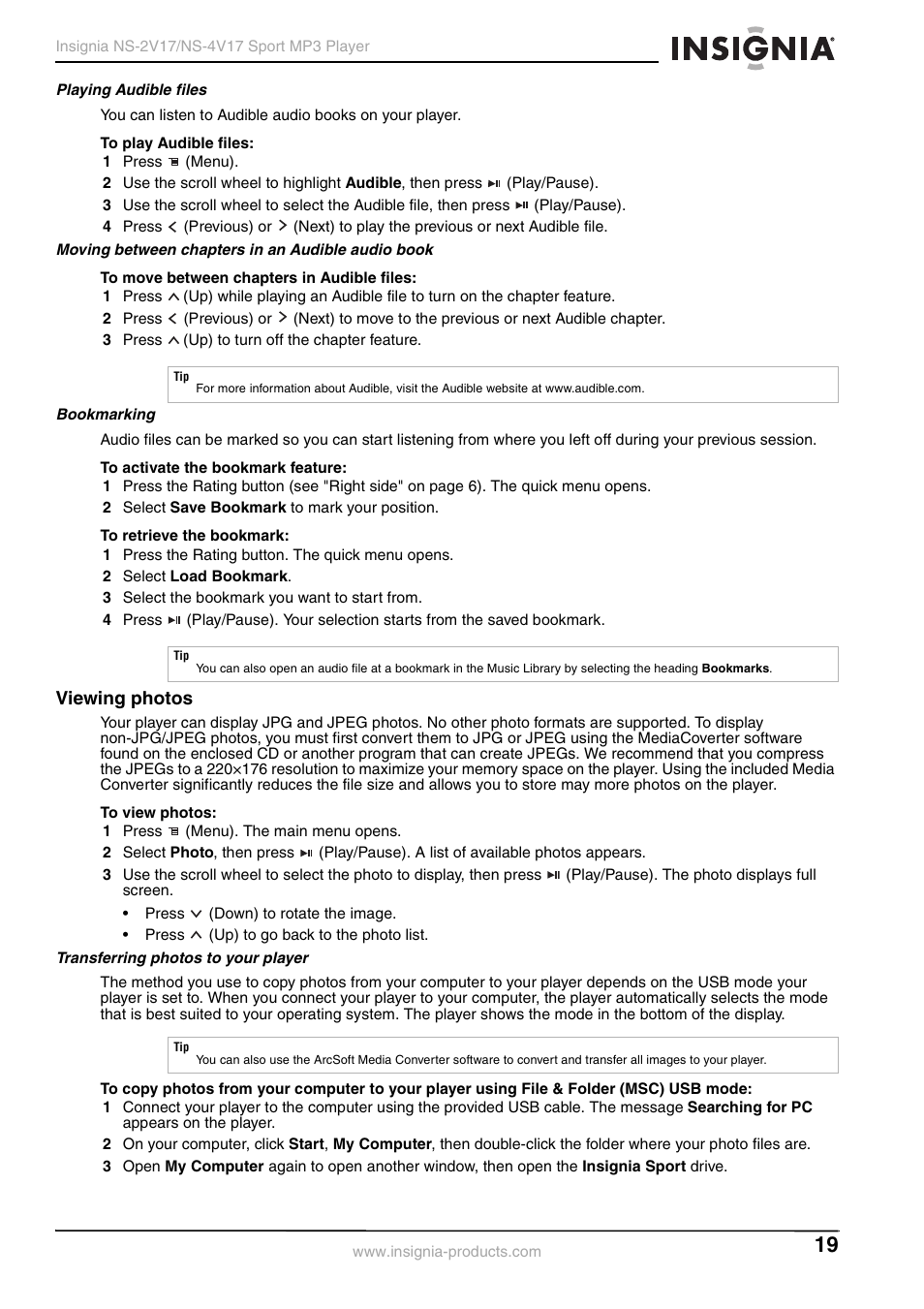 Playing audible files, Moving between chapters in an audible audio book, Bookmarking | Viewing photos, Transferring photos to your player | Insignia NS-2V17/NS-4V17 User Manual | Page 19 / 68