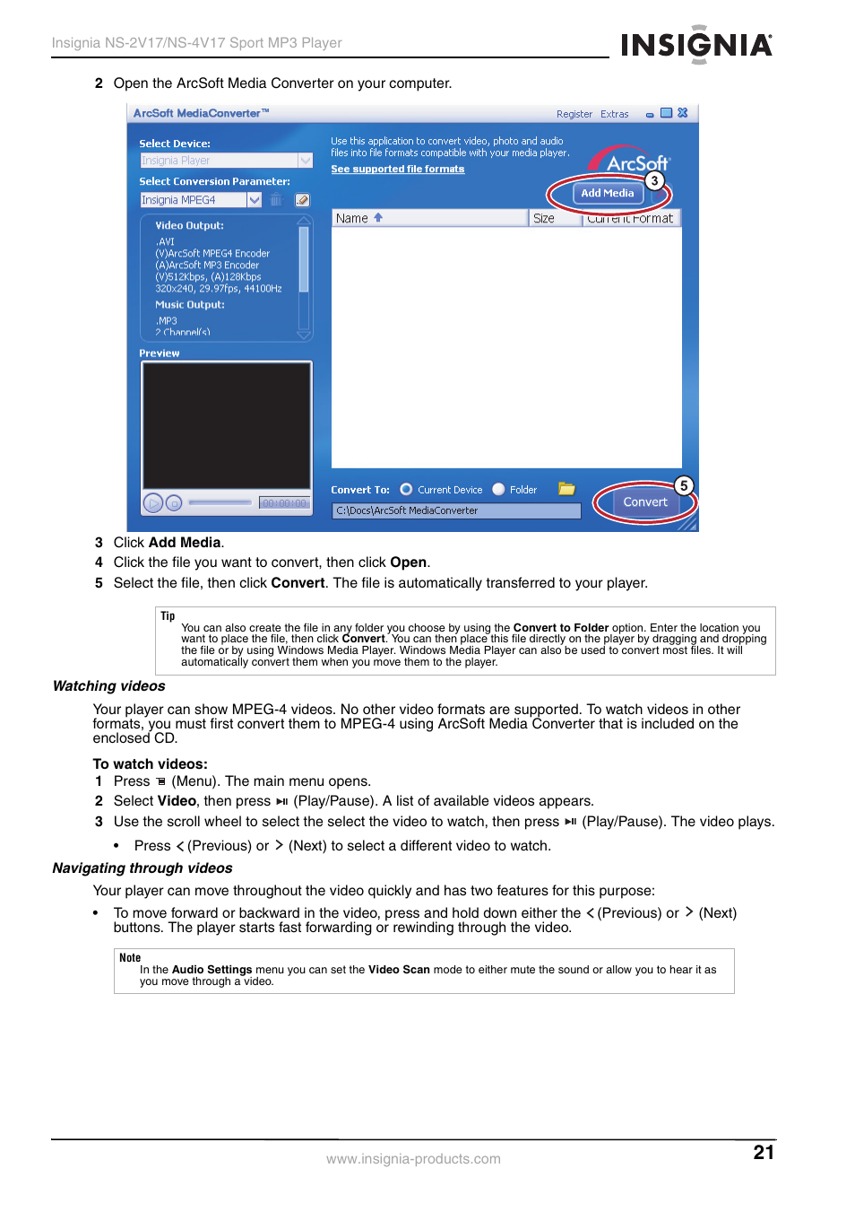 Watching videos, Navigating through videos | Insignia NS-2V17/NS-4V17 User Manual | Page 21 / 68