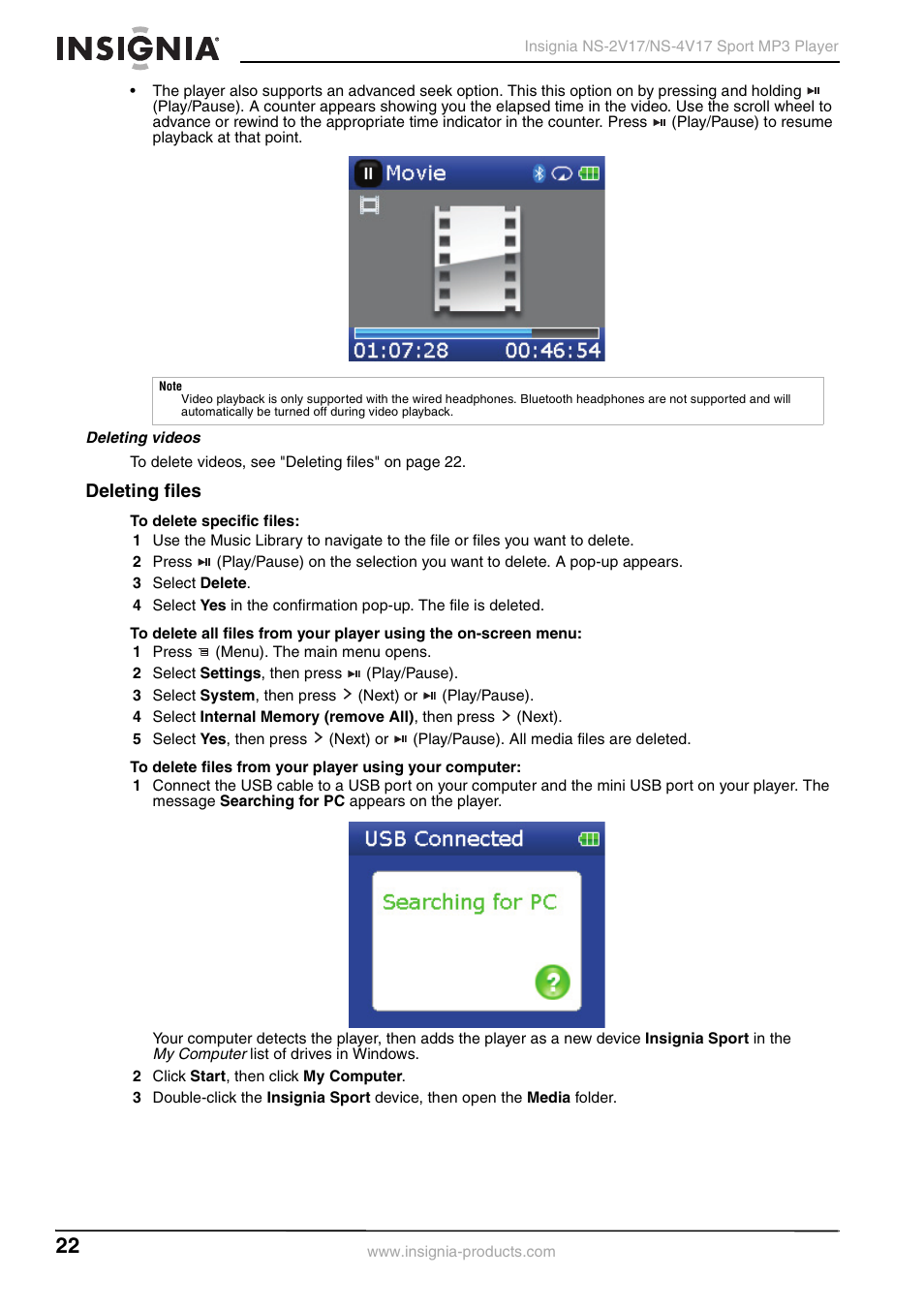 Deleting videos, Deleting files | Insignia NS-2V17/NS-4V17 User Manual | Page 22 / 68
