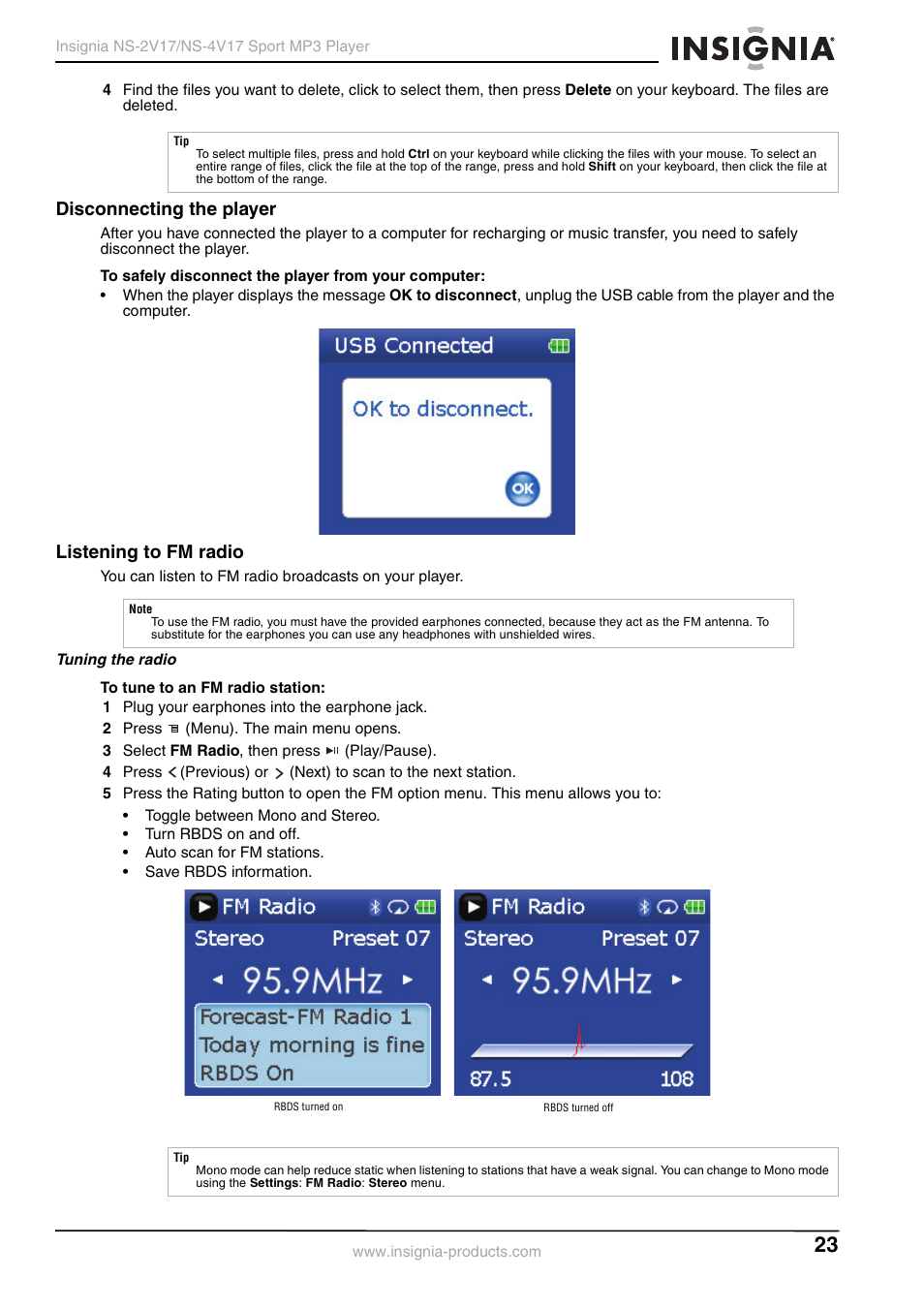 Disconnecting the player, Listening to fm radio, Tuning the radio | Disconnecting the player listening to fm radio | Insignia NS-2V17/NS-4V17 User Manual | Page 23 / 68