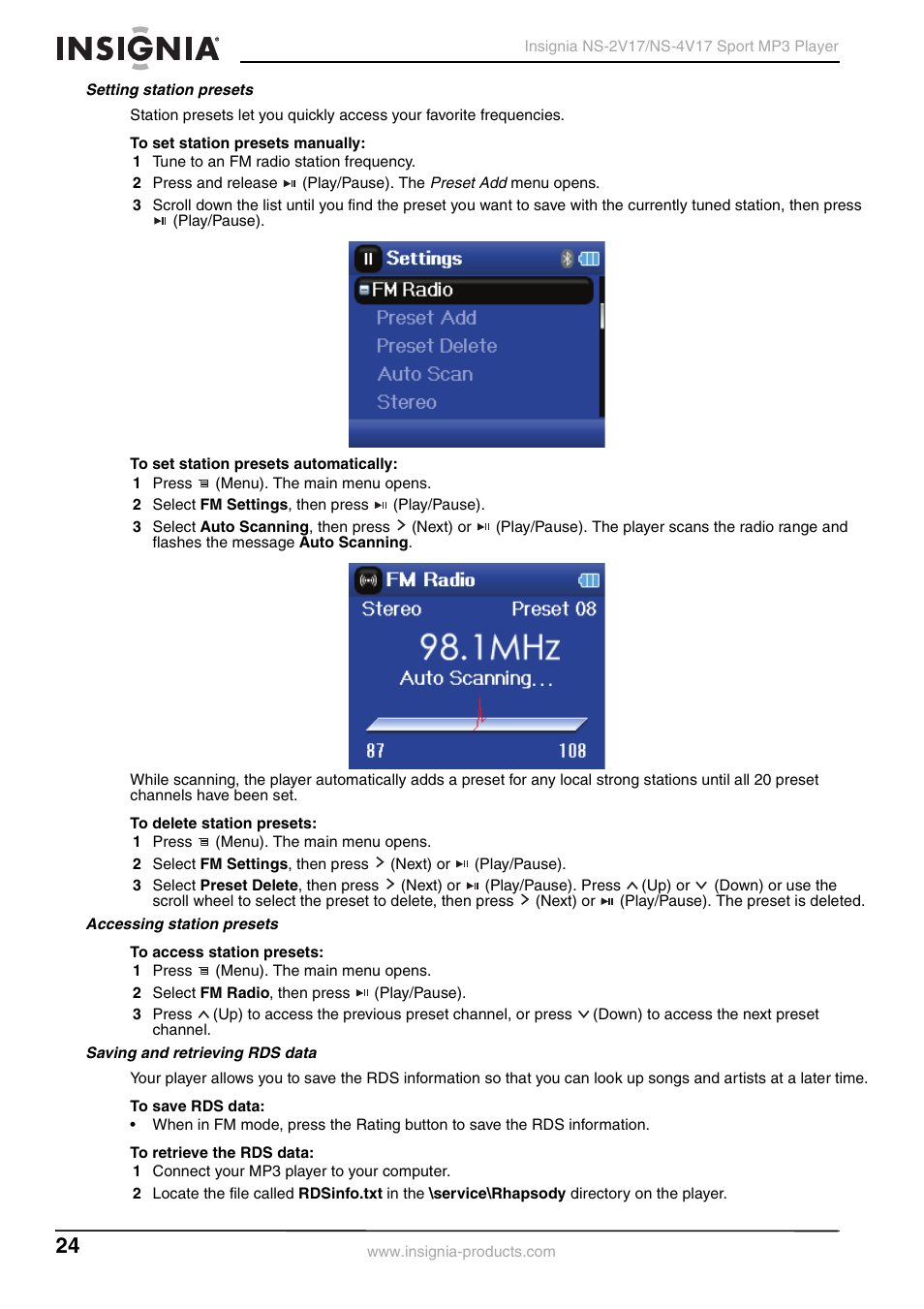 Setting station presets, Accessing station presets, Saving and retrieving rds data | Insignia NS-2V17/NS-4V17 User Manual | Page 24 / 68