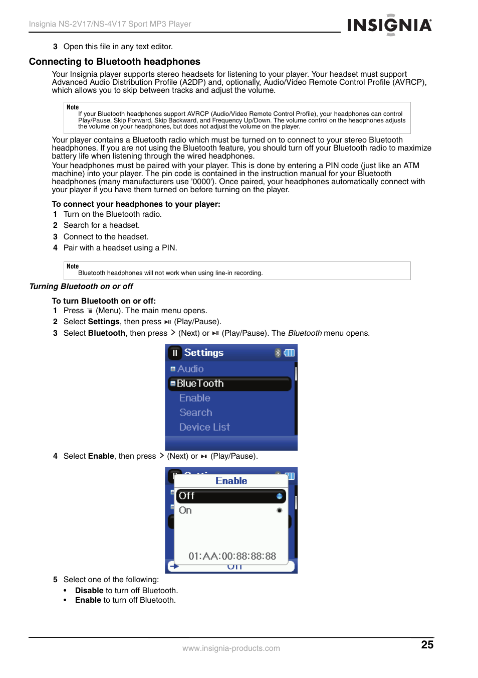Connecting to bluetooth headphones, Turning bluetooth on or off | Insignia NS-2V17/NS-4V17 User Manual | Page 25 / 68