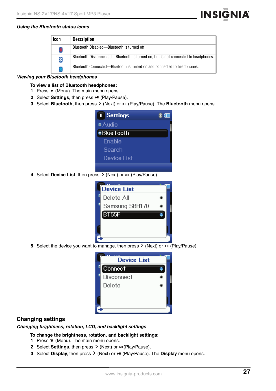 Using the bluetooth status icons, Viewing your bluetooth headphones, Changing settings | Insignia NS-2V17/NS-4V17 User Manual | Page 27 / 68