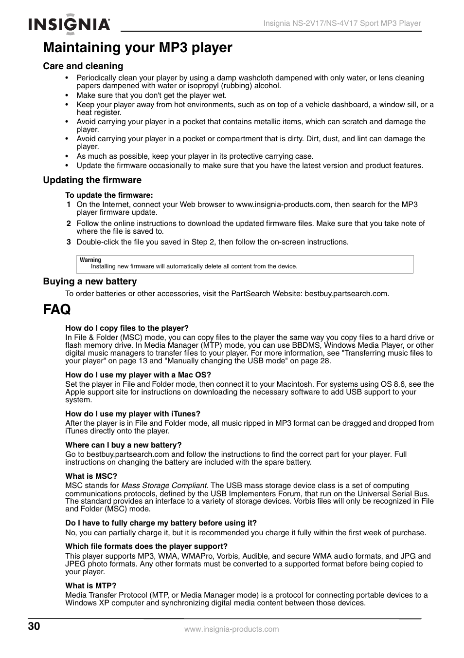 Maintaining your mp3 player, Care and cleaning, Updating the firmware | Buying a new battery | Insignia NS-2V17/NS-4V17 User Manual | Page 30 / 68