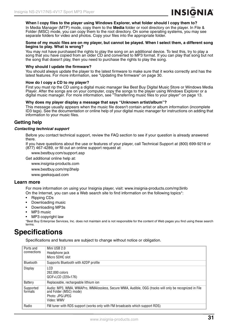 Getting help, Contacting technical support, Learn more | Specifications, Getting help learn more | Insignia NS-2V17/NS-4V17 User Manual | Page 31 / 68