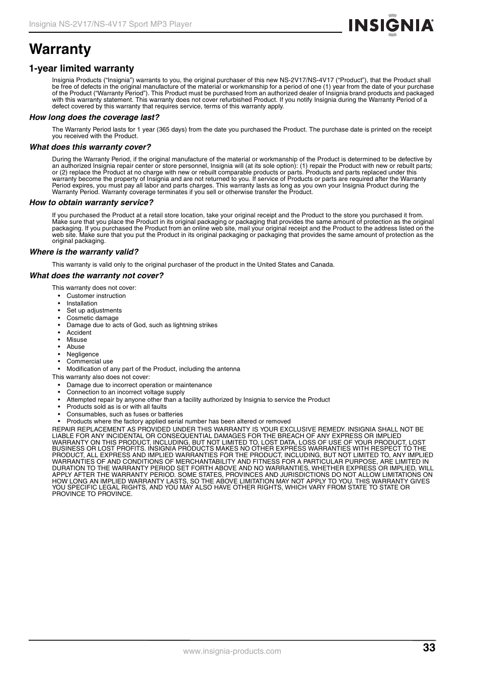 Year limited warranty, How long does the coverage last, What does this warranty cover | How to obtain warranty service, Where is the warranty valid, What does the warranty not cover, Warranty | Insignia NS-2V17/NS-4V17 User Manual | Page 33 / 68