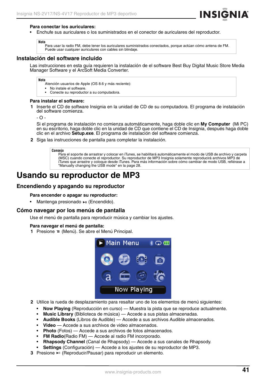 Instalación del software incluido, Usando su reproductor de mp3, Encendiendo y apagando su reproductor | Cómo navegar por los menús de pantalla | Insignia NS-2V17/NS-4V17 User Manual | Page 41 / 68