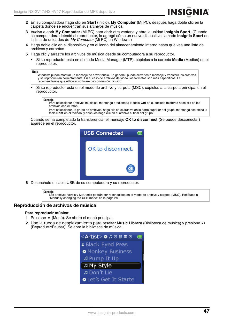 Reproducción de archivos de música | Insignia NS-2V17/NS-4V17 User Manual | Page 47 / 68