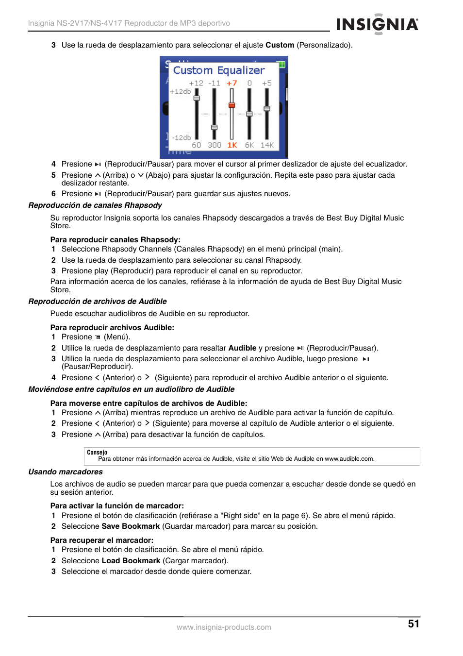 Reproducción de canales rhapsody, Reproducción de archivos de audible, Usando marcadores | Insignia NS-2V17/NS-4V17 User Manual | Page 51 / 68