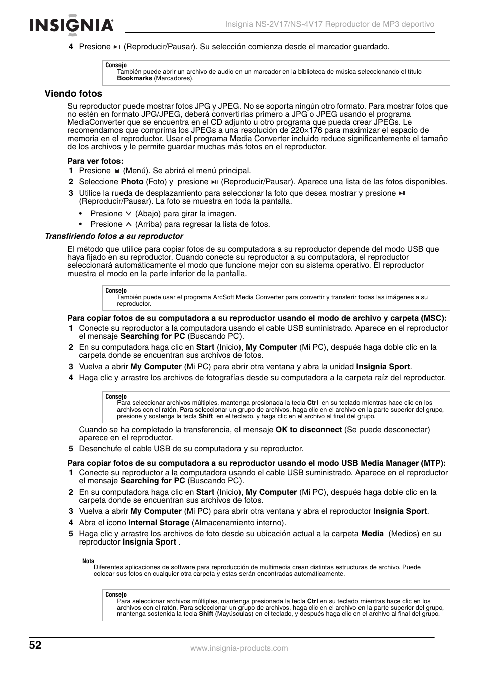 Viendo fotos, Transfiriendo fotos a su reproductor | Insignia NS-2V17/NS-4V17 User Manual | Page 52 / 68