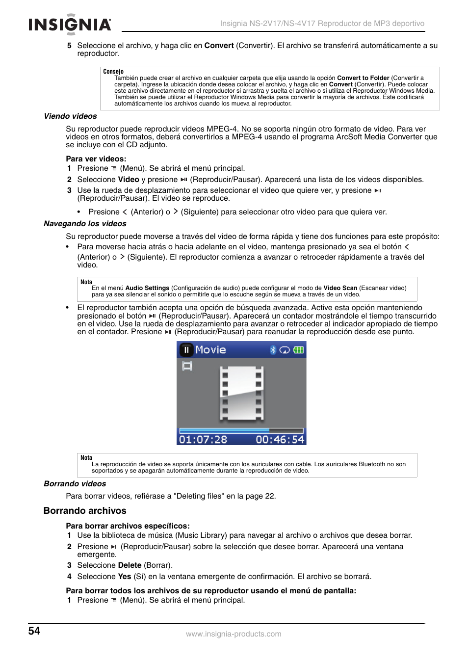 Viendo videos, Navegando los videos, Borrando videos | Borrando archivos | Insignia NS-2V17/NS-4V17 User Manual | Page 54 / 68