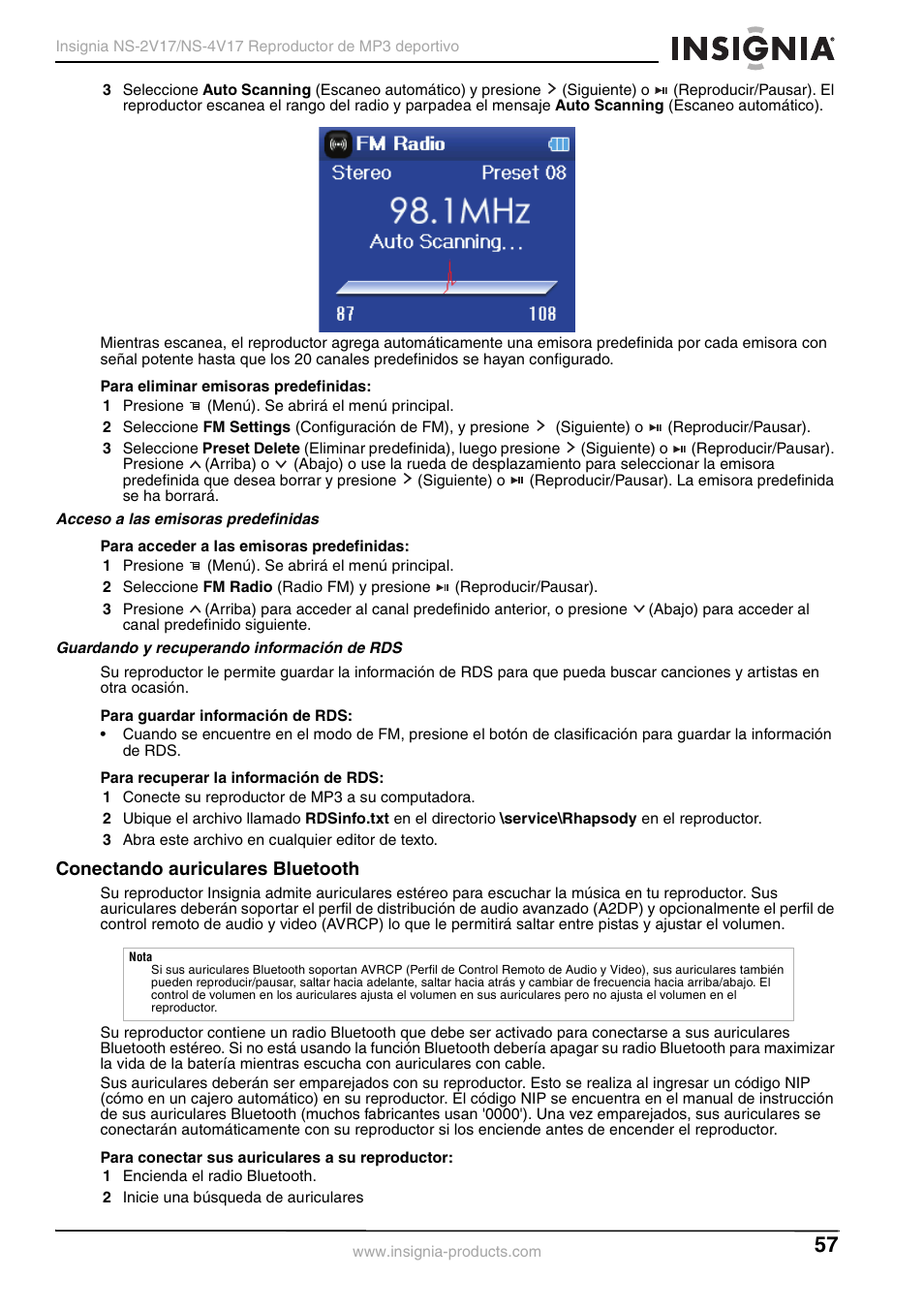 Acceso a las emisoras predefinidas, Guardando y recuperando información de rds, Conectando auriculares bluetooth | Insignia NS-2V17/NS-4V17 User Manual | Page 57 / 68