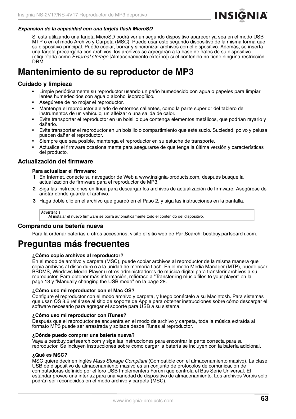 Mantenimiento de su reproductor de mp3, Cuidado y limpieza, Actualización del firmware | Comprando una batería nueva, Preguntas más frecuentes | Insignia NS-2V17/NS-4V17 User Manual | Page 63 / 68