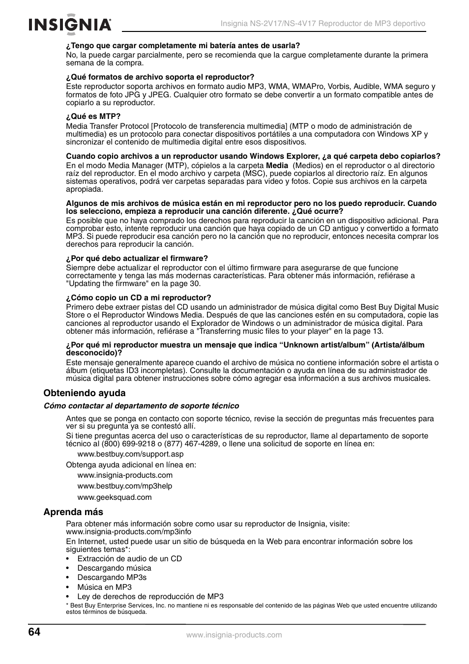 Obteniendo ayuda, Cómo contactar al departamento de soporte técnico, Aprenda más | Obteniendo ayuda aprenda más | Insignia NS-2V17/NS-4V17 User Manual | Page 64 / 68