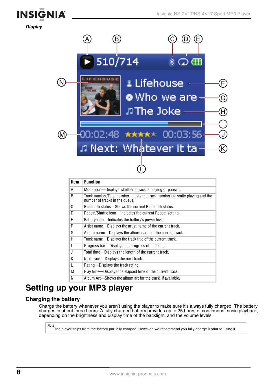 Display, Setting up your mp3 player, Charging the battery | Insignia NS-2V17/NS-4V17 User Manual | Page 8 / 68